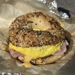 Coffee Works - Everything bagel with ham, egg, and cheese
