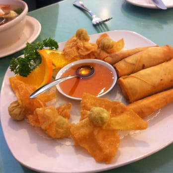 Cha Thai Restaurant - Combo appetizer platter - Koong Tod, Fried Wontons, Egg Rolls. - Thai Near Me - Orange, California