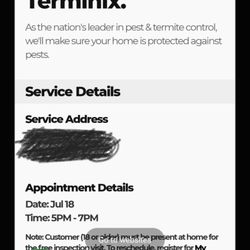 Terminix - My appointment time and terminix thanking me for making my appt with them.