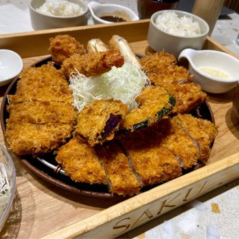 Saku - Zenbu Katsu: rosu (pork loin), hire (pork fillet), chicken thigh, cheese, ebi, hotate, eggplant, kabocha with rice, salad, and tonjiru - Japanese Near Me - Vancouver, British Columbia Saku - Zenbu Katsu: rosu (pork loin), hire (pork fillet), chicken thigh, cheese, ebi, hotate, eggplant, kabocha with rice, salad, and tonjiru - Japanese Near Me - Vancouver, British Columbia