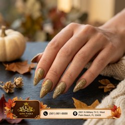 Earthy olive stiletto! Sharp olive-green extensions showcase textured 3D leaves and gilded metallic droplets for fall. Book today!