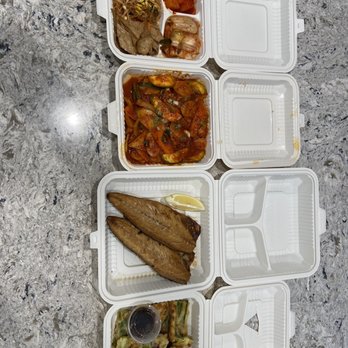 Korean Palace - Left to right: sides, tteokbokki, Fried mackerel, Seafood Pancake - Korean Near Me - San Jose, California