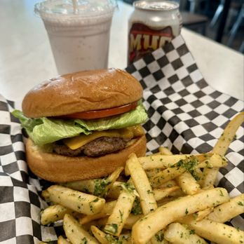 Burger Stack - Cheeseburger, garlic fries (so good!), strawberry milkshake, and root beer. - Burgers Near Me - San Francisco, California