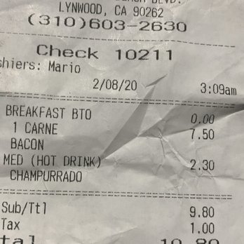Lucy's Restaurant - Bill for bacon and egg burrito and champurrado - American Near Me - Lynwood, California