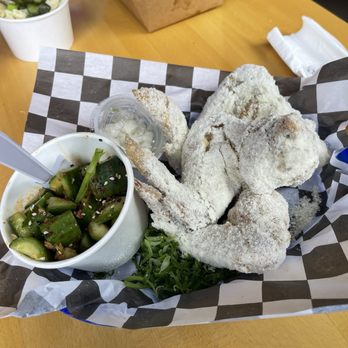Frybaby - Amazing snow, cheese wings, but the cucumber salad was less than desirable - Chicken Wings Near Me - Portland, Oregon
