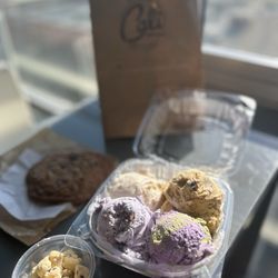 Cali Cream - 4 scoops with cookie dough sprinkles and a chocolate chip cookie on the side. Horchata, s'mores, lavender, and Ube/matcha scoops.
