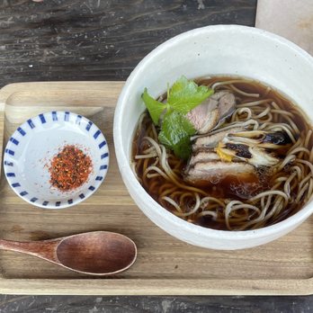 Soba Ichi - Kamo Nanban soba noodles in hot soup, sliced rare duck breast on the top - Noodles Near Me - Oakland, California Soba Ichi - Kamo Nanban soba noodles in hot soup, sliced rare duck breast on the top - Noodles Near Me - Oakland, California