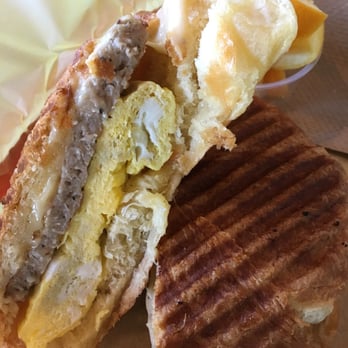 Rail Side Cafe - Wake Up #1 - eggs, Boar's Head sausage, Havarti cheese on a panini grilled croissant - Coffee & Tea Near Me - San Dimas, California
