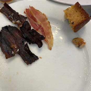 Rachel's cafe - Bacon done two ways, stale fresh baked corn bread...eggs ran off the plate.(so no pic of eggs - Breakfast & Brunch Near Me - Wakefield, Rhode Island