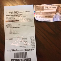 Heritage Cleaners - Cleaning bill and coupon.