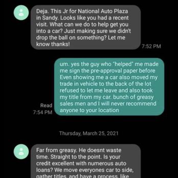National Auto Plaza - Our salesperson telling us to 'fuck off' - Car Dealers Near Me - Sandy, Utah National Auto Plaza - Our salesperson telling us to 'fuck off' - Car Dealers Near Me - Sandy, Utah