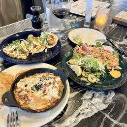 Fish tacos and Lobster Dip