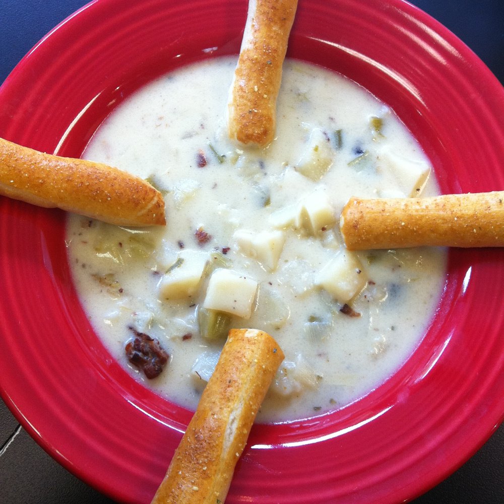 Stations Cafe - Loaded Potato Soup with Garlic Pretzel Sticks for a quick lunch. - Ice Cream & Frozen Yogurt Near Me - Bethlehem, Pennsylvania