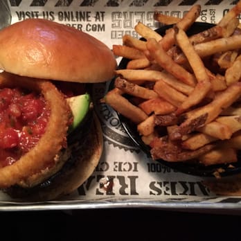 The Works - Avocado, salsa and onion ring with fries - Burgers Near Me - Niagara Falls, Ontario The Works - Avocado, salsa and onion ring with fries - Burgers Near Me - Niagara Falls, Ontario