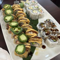 Volcano roll, Deep sea roll (Left to right) California roll (Top right) Eel avocado roll (Bottom right)