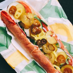12 in. Spicy Italian on wheat, pepper jack cheese, toasted, all veg, extra jalapeños & pickles, splash of vinegar - boom.