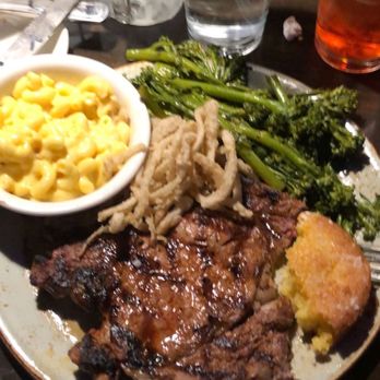 Bobby Q - Biltmore - Rib eye fried onions with Mac n cheese and broccolini. - Barbeque Near Me - Phoenix, Arizona