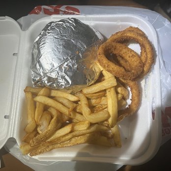 Cook Out - french fries and onion rings in a styrofoam container - Fast Food Near Me - Durham, North Carolina
