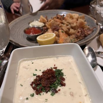 Pacific's Edge Restaurant - Classic Clam Chowder with Bacon Crumble and Calamari Fritto Misto - Seafood Near Me - Carmel, California