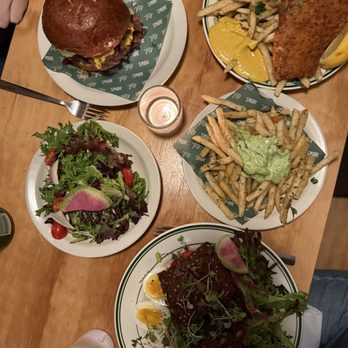 Smør - Hangover sandwich, fish and chips, salt and pepper fries side, and smoked trout salad - Scandinavian Near Me - New York, New York Smør - Hangover sandwich, fish and chips, salt and pepper fries side, and smoked trout salad - Scandinavian Near Me - New York, New York
