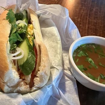 Billiard Hoang - BBQ pork and Vietnamese  sausage banh mi with pork broth side soup - Vietnamese Near Me - Seattle, Washington