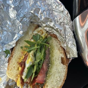 Side Door Cafe - #1 breakfast sandwich - bacon, egg, cheese, tomato, pesto, arugula - Cafes Near Me - Norwood, Massachusetts