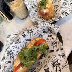 The Sandwich Bar - Front- mozz, tomato, pesto. Back - same but prosciutto instead of tomatoes