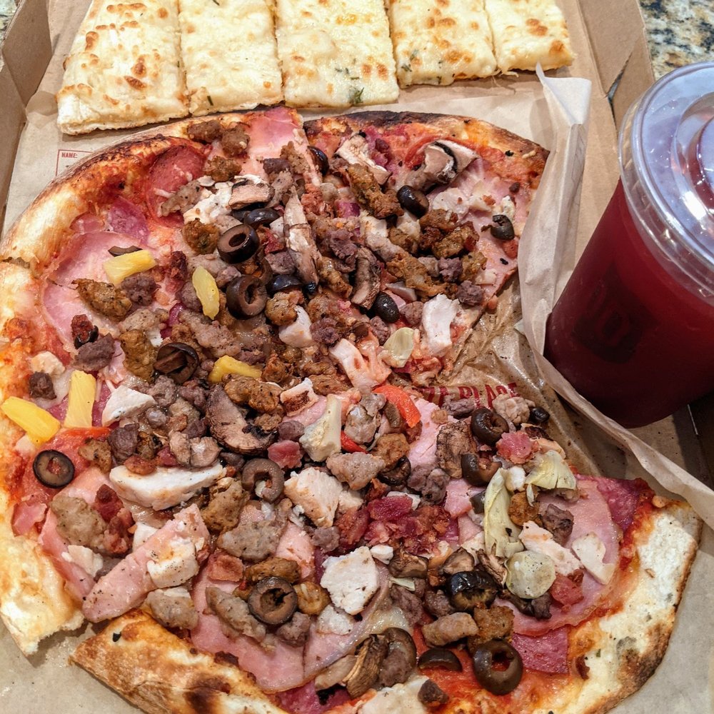 Custom Mod Pizza, Cheese sticks, and Marion Berry Lemonade