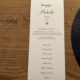 Menu for the evening we visited