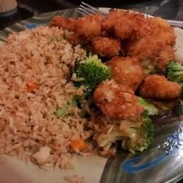Shrimp Coconut tempura, zucchini and broccoli with fried rice