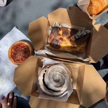 Radio Bakery - Heirloom Tomato, Cinnamon bun, Burrata focaccia sandwich and plain croissant. - Bakeries Near Me - Brooklyn, New York Radio Bakery - Heirloom Tomato, Cinnamon bun, Burrata focaccia sandwich and plain croissant. - Bakeries Near Me - Brooklyn, New York
