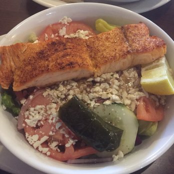 Mykonos Greek Restaurant - Small (huge) Greek salad with salmon - Greek Near Me - Smithtown, New York Mykonos Greek Restaurant - Small (huge) Greek salad with salmon - Greek Near Me - Smithtown, New York