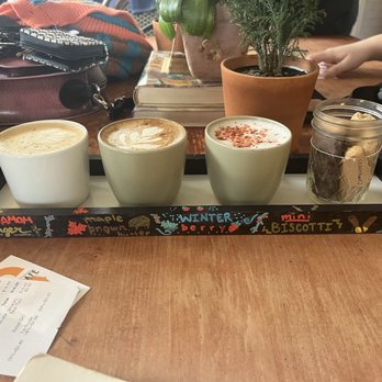 Scout Cafe - Full flight - cardamom ginger latte, maple brown butter latte, winter berry steamer and the mini biscotti - Coffee & Tea Near Me - Wilmington, Delaware
