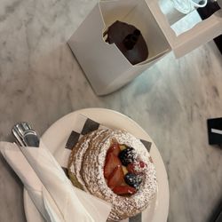 Tuxedo baby cake, fruit danish