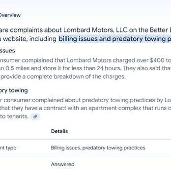 Lombard Motors - Google AI overview of Lombard's Predatory Business model - Towing Near Me - New Haven, Connecticut