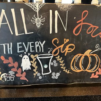 Starbucks - a chalk board with a sign that says fall in love with the very spooky pumpkin - Coffee & Tea Near Me - Albuquerque, New Mexico Starbucks - a chalk board with a sign that says fall in love with the very spooky pumpkin - Coffee & Tea Near Me - Albuquerque, New Mexico