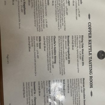 Copper Kettle Brewing - The menu features a selection of craft beers including Mexican Chocolate Stout and West Coast IPA, along with breakfast, snacks, and desserts. - Breweries Near Me - Denver, Colorado