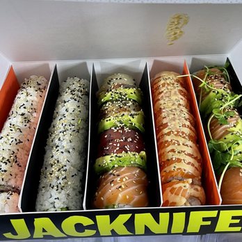 Jacknife - THE ROLLS RICE (5 roll box) *dumplings and edamame not pictured here - Sushi Bars Near Me - Madison, Wisconsin Jacknife - THE ROLLS RICE (5 roll box) *dumplings and edamame not pictured here - Sushi Bars Near Me - Madison, Wisconsin