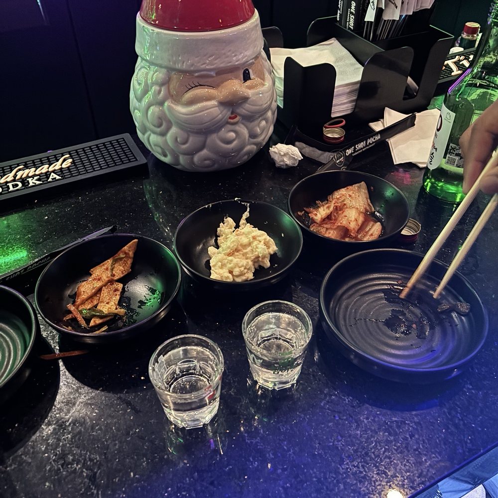 Soju Blues - Appetizers (came with meal) fish cakes, potato salad and kimchi - Korean Near Me - Houston, Texas