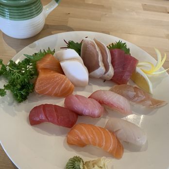 Wasabi Sushi Lounge - Wasabi Dinner - 8 pieces of sashimi (cut fish back of plate) & 6 pieces of nigiri (front of plate with rice underneath) - Sushi Bars Near Me - Brookfield, Wisconsin Wasabi Sushi Lounge - Wasabi Dinner - 8 pieces of sashimi (cut fish back of plate) & 6 pieces of nigiri (front of plate with rice underneath) - Sushi Bars Near Me - Brookfield, Wisconsin