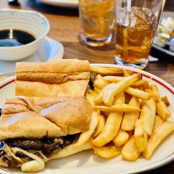 Tick Tock Diner - FRENCH DIP - Thin Sliced Roasted Beef, Caramelized Onions,Gruyere & Mayo on a Garlic Roll with Au Jus Dip with French Fries - Diners Near Me - Clifton, New Jersey Tick Tock Diner - FRENCH DIP - Thin Sliced Roasted Beef, Caramelized Onions,Gruyere & Mayo on a Garlic Roll with Au Jus Dip with French Fries - Diners Near Me - Clifton, New Jersey