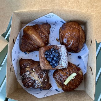 Faria Bakery - Croissant, Pain au Chocolat, Blueberry lemon verbena cup, almond croissant(I love that almond Mohawk on top haha), ham & cheese croissant - Bakeries Near Me - Sacramento, California