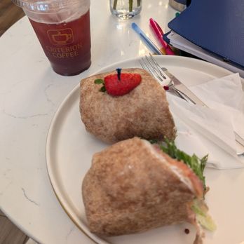 Criterion coffee - Salmon wrap with a strawberry on top and the pomegranate hibiscus iced tea. - Coffee & Tea Near Me - Pasadena, California Criterion coffee - Salmon wrap with a strawberry on top and the pomegranate hibiscus iced tea. - Coffee & Tea Near Me - Pasadena, California