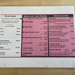 Menu - A printed menu from 5 B's BBQ in Gunnison, CO, featuring platters, smoked meats, and specialty dishes like the Stuckey Shaker and Cowboy Wrap.