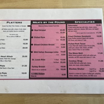 5 B's BBQ - Menu - A printed menu from 5 B's BBQ in Gunnison, CO, featuring platters, smoked meats, and specialty dishes like the Stuckey Shaker and Cowboy Wrap. - Barbeque Near Me - Gunnison, Colorado