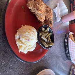 Chicken fried steak, mashed potatoes with green beans Chicken fried steak, mashed potatoes with green beans
