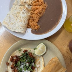 Taqueria Costa Chica Gro - Sausage taco, Chicken tamale, Aztec Steak Burrito