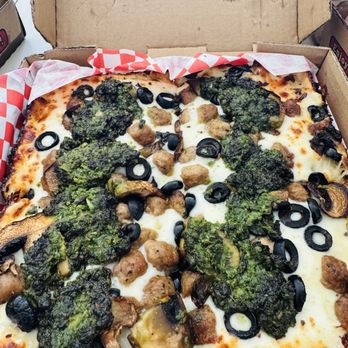 Hot Rod Willy's Pizza - Detroit Style - personal size pizza (with pesto instead of red sauce) - Pizza Near Me - Fresno, California Hot Rod Willy's Pizza - Detroit Style - personal size pizza (with pesto instead of red sauce) - Pizza Near Me - Fresno, California