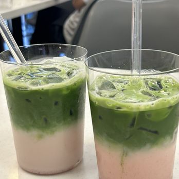 The Orange Tabby - left: strawberry matcha w/ soy milk right: strawberry matcha w/ oat milk - Coffee & Tea Near Me - San Jose, California
