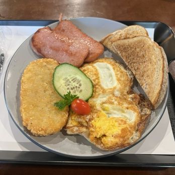 Chan Kee - 2 eggs any way, any potato (hashbrown here) + toast = $7.75 plus Spam ($3.00 for 2 pieces) - Noodles Near Me - Rowland Heights, California